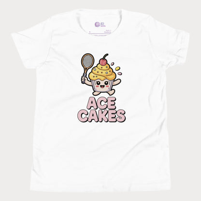 White girls tennis t-shirt with a cartoon cupcake holding a tennis racket and the text 'Ace Cakes' on a white background.