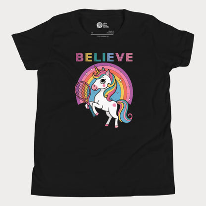 Cute black girls' tennis t-shirt featuring a magical unicorn holding a tennis racket with a colorful rainbow backdrop. Perfect for young girls who love tennis, unicorns, and stylish sportswear.