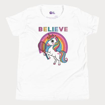 Cute white girls' tennis t-shirt featuring a magical unicorn holding a tennis racket with a colorful rainbow backdrop. Perfect for young girls who love tennis, unicorns, and stylish sportswear.