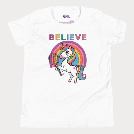 Cute white girls' tennis t-shirt featuring a magical unicorn holding a tennis racket with a colorful rainbow backdrop. Perfect for young girls who love tennis, unicorns, and stylish sportswear.