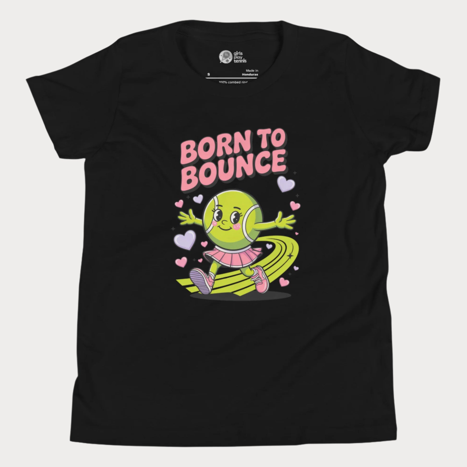Black girls tennis t-shirt with cartoon tennis ball character and “Born to Bounce” text – cute kids tennis top