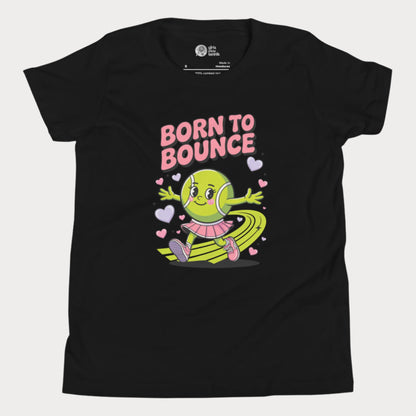 Black girls tennis t-shirt with cartoon tennis ball character and “Born to Bounce” text – cute kids tennis top