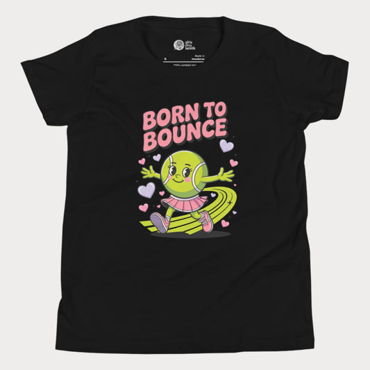 Black girls tennis t-shirt with cartoon tennis ball character and “Born to Bounce” text – cute kids tennis top