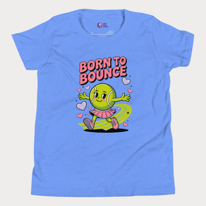 Blue girls tennis t-shirt with cartoon tennis ball character and “Born to Bounce” text – cute kids tennis top.