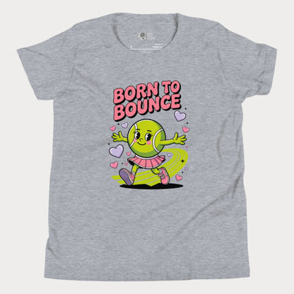 Grey girls tennis t-shirt with cartoon tennis ball character and “Born to Bounce” text – cute kids tennis top