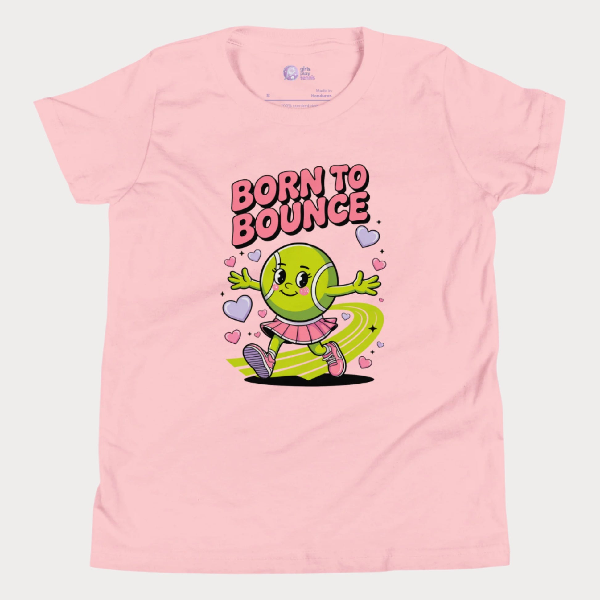 Pink girls tennis t-shirt with cartoon tennis ball character and “Born to Bounce” text – cute kids tennis top
