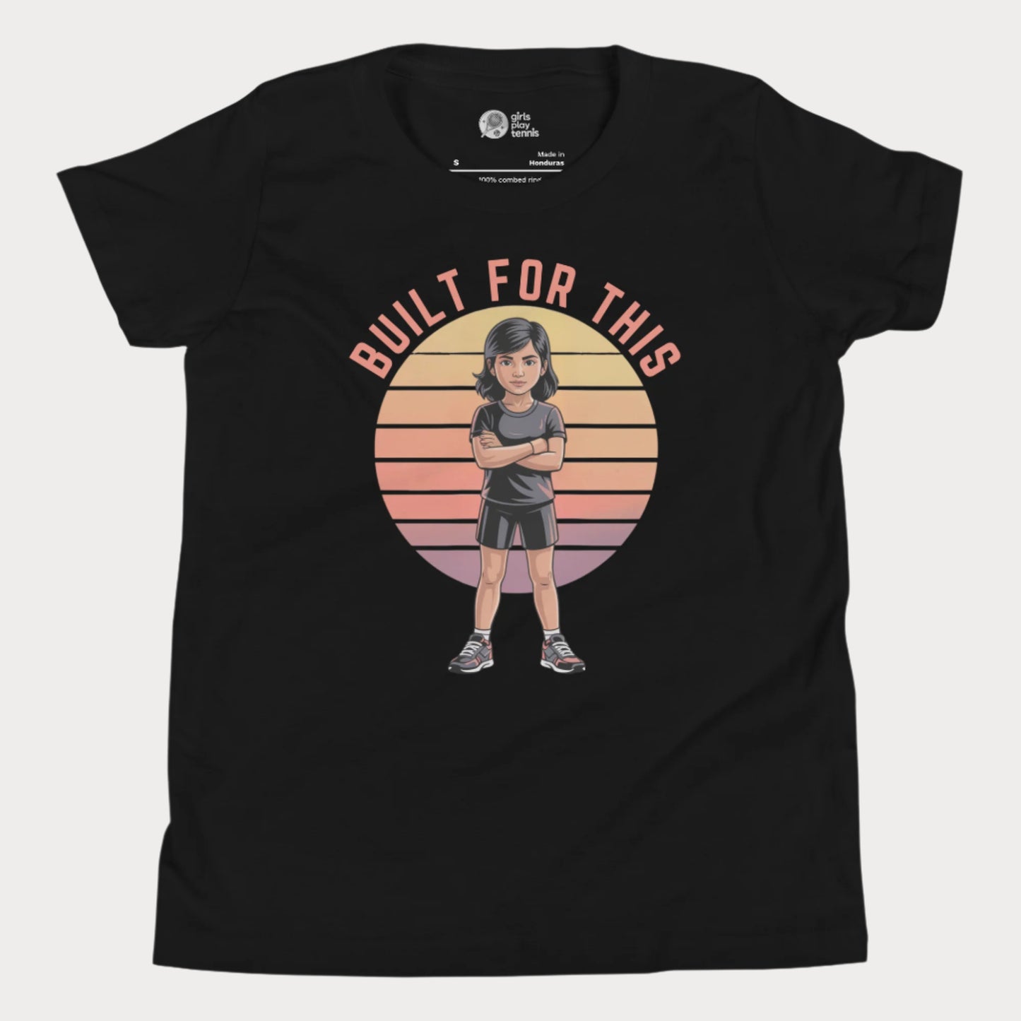 Empowering girls tennis t-shirt with “Built For This” slogan and confident girl illustration.