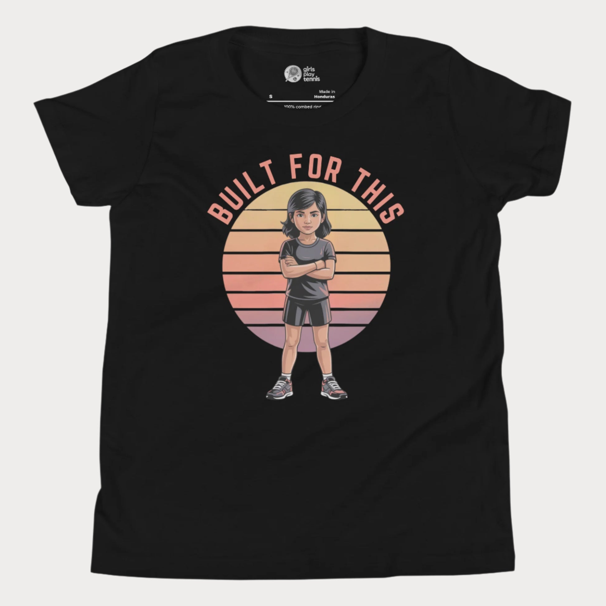 Empowering girls tennis t-shirt with “Built For This” slogan and confident girl illustration.