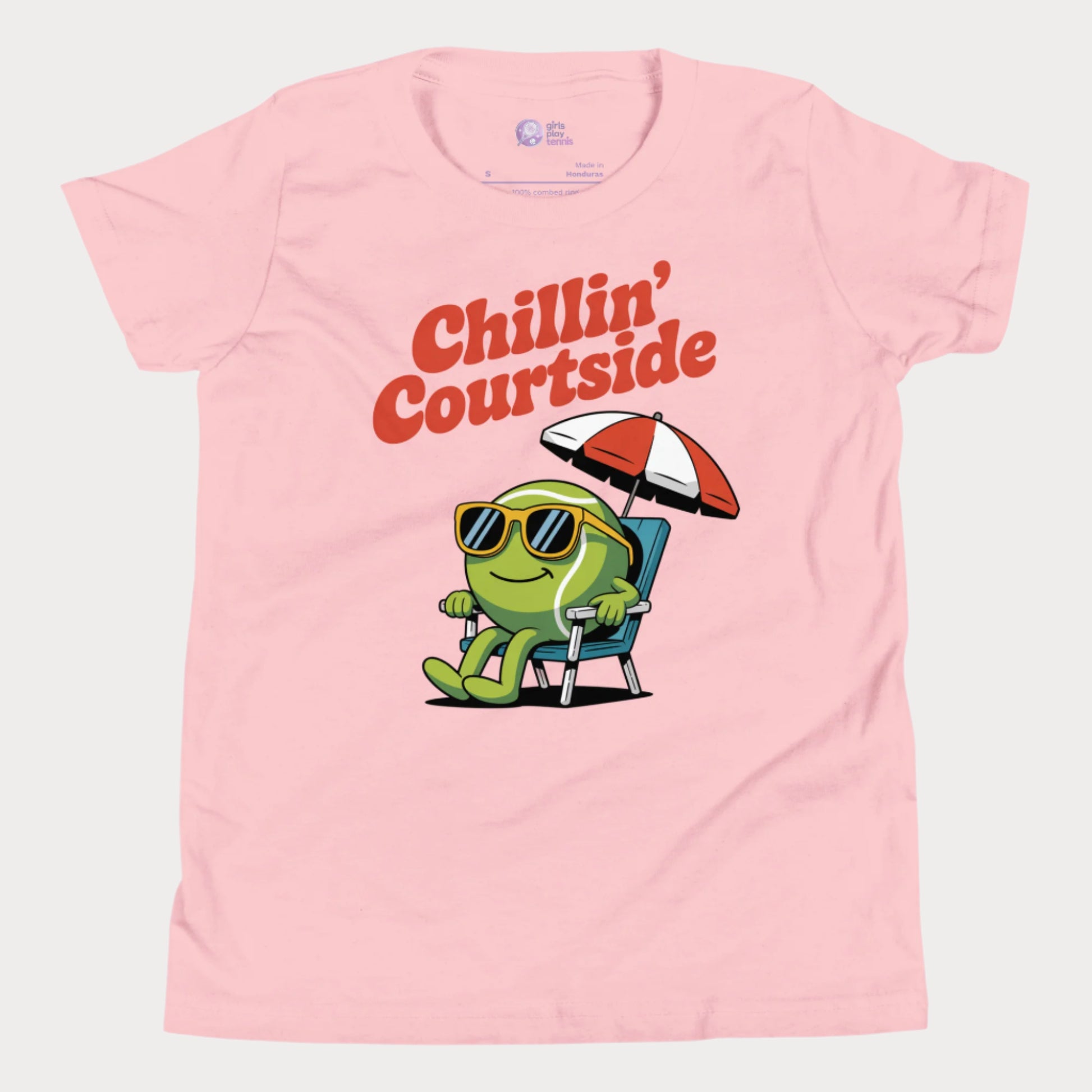 Chillin' Courtside girls tennis t-shirt with cartoon tennis ball lounging under umbrella on pink tee.