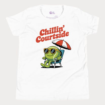 Chillin' Courtside girls tennis t-shirt with cartoon tennis ball lounging under umbrella on white tee.