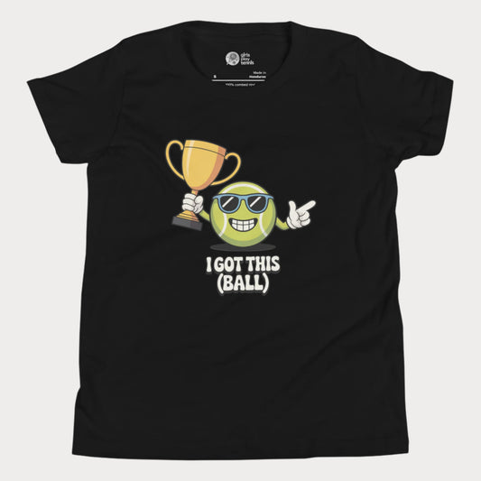 Black girls tennis t-shirt with trophy-holding tennis ball character and “I Got This (Ball)” slogan