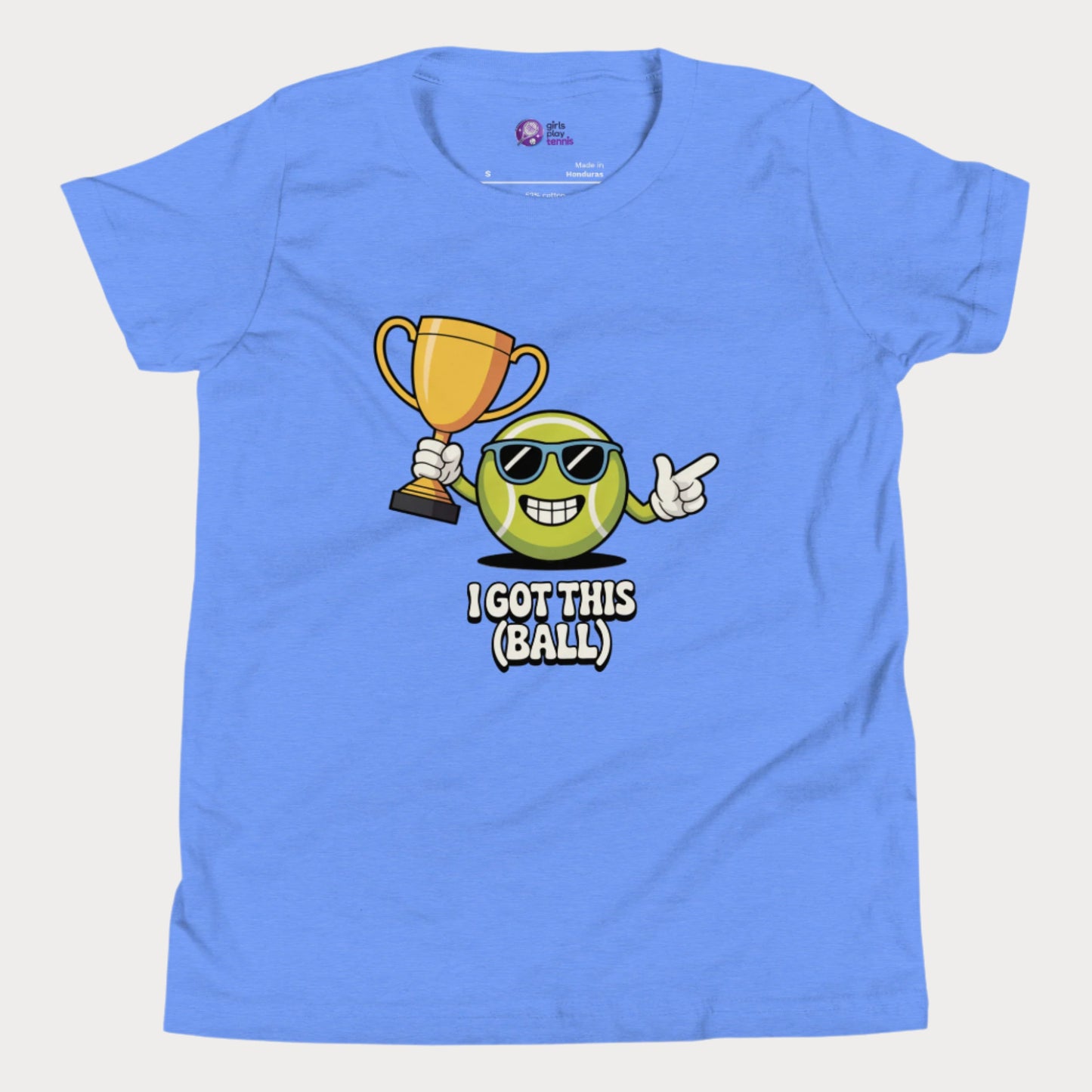 Blue girls tennis t-shirt with trophy-holding tennis ball character and “I Got This (Ball)” slogan. 