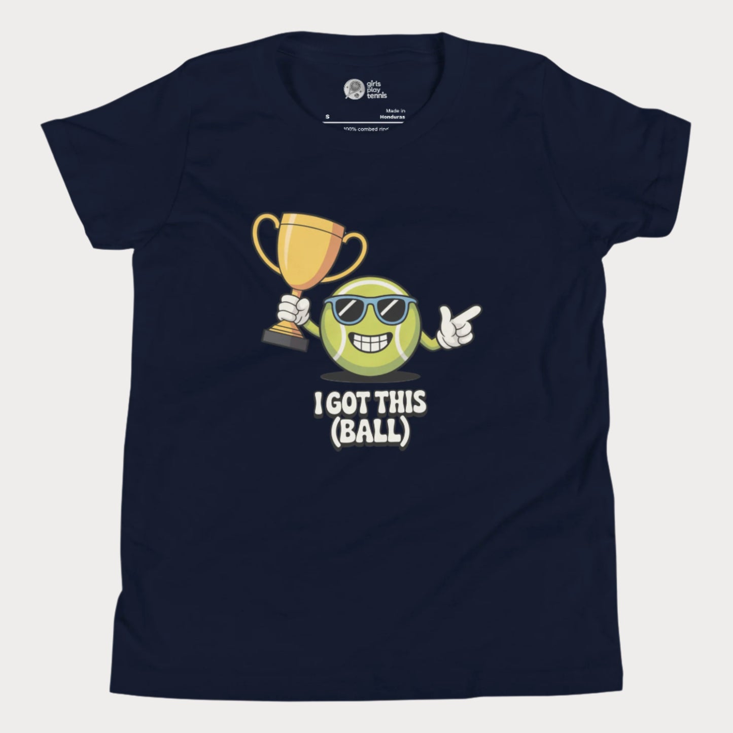 Navy girls tennis t-shirt with trophy-holding tennis ball character and “I Got This (Ball)” slogan.