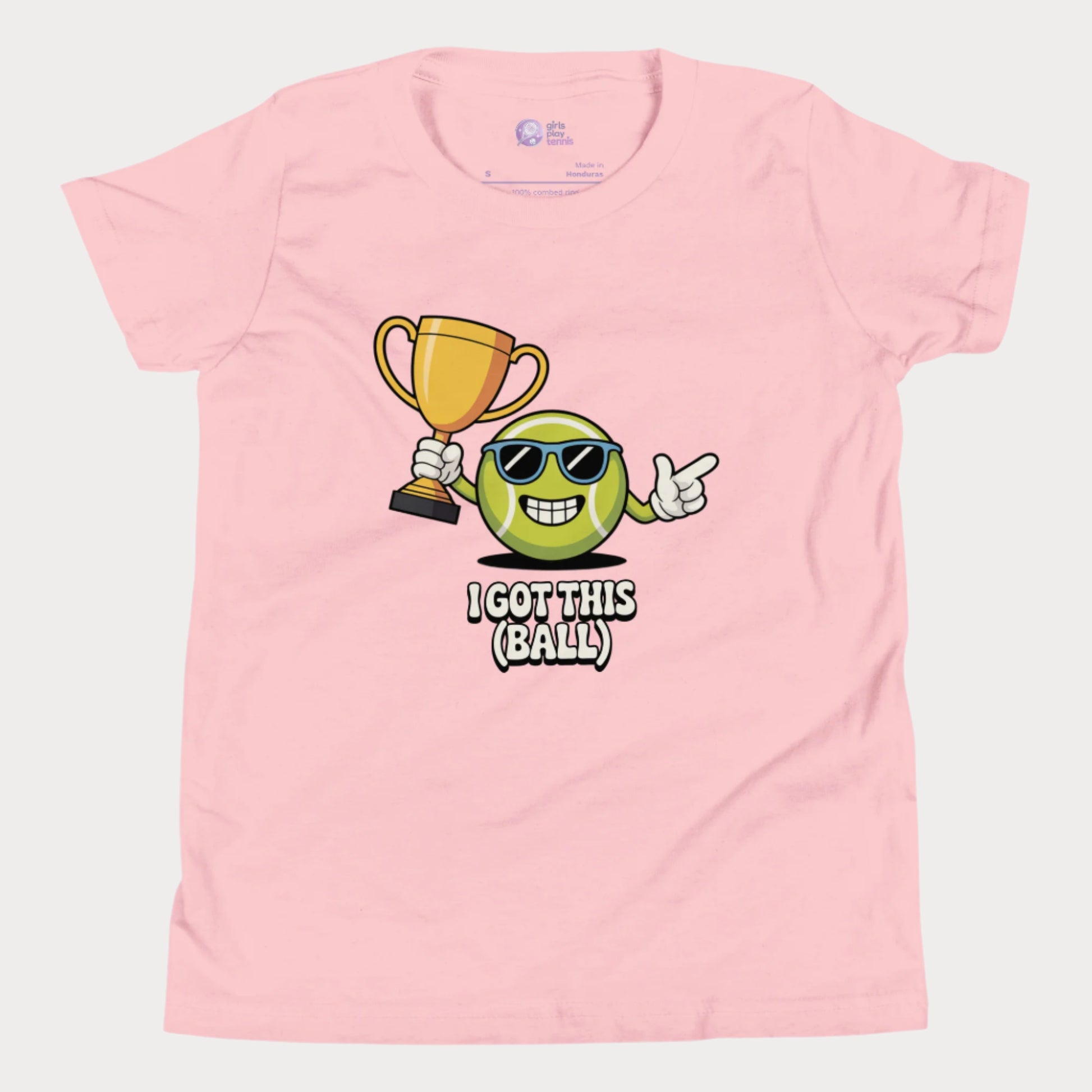 Pink girls tennis t-shirt with trophy-holding tennis ball character and “I Got This (Ball)” slogan.