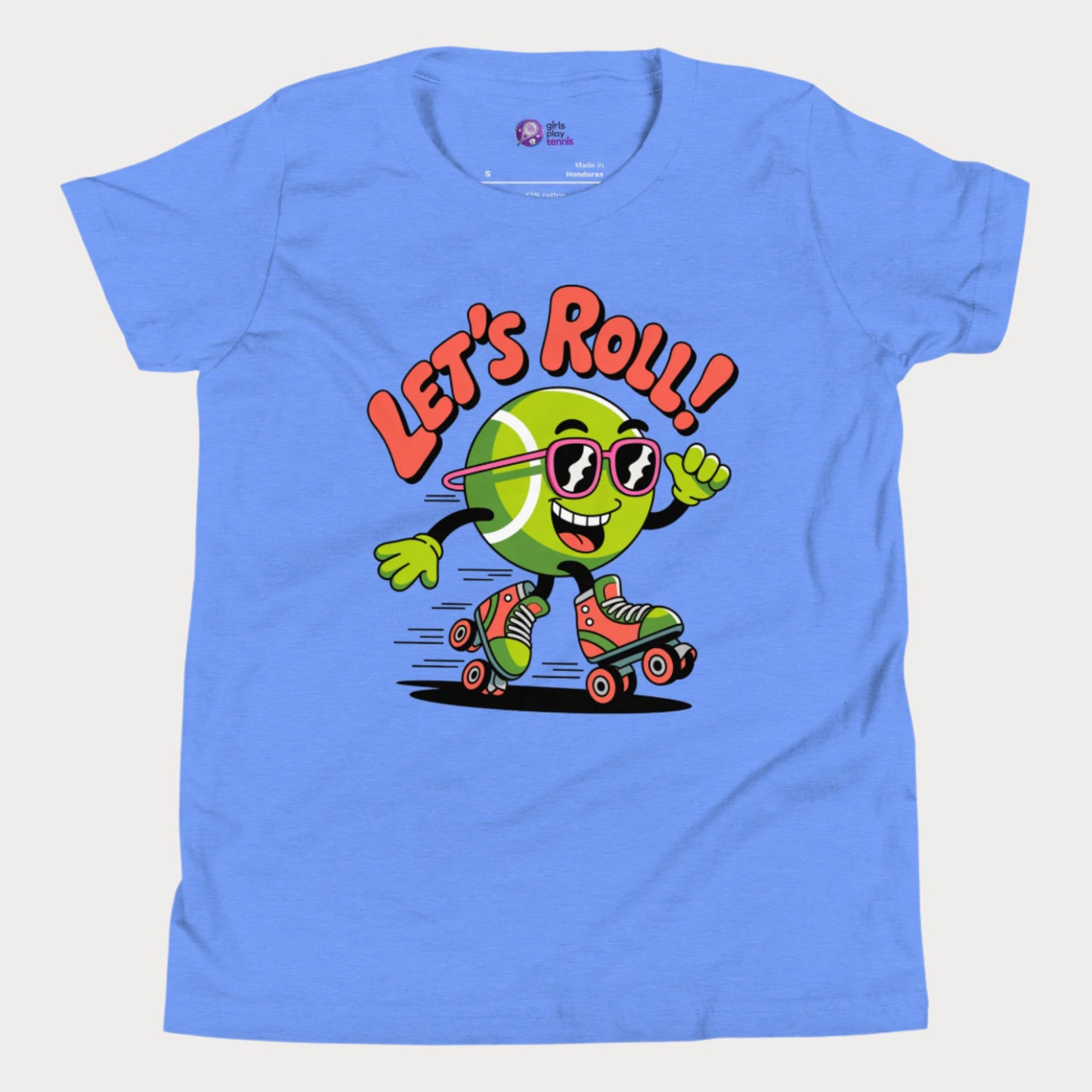 Blue t-shirt with a cartoon tennis ball character on roller skates and 'Let's Roll!' text.