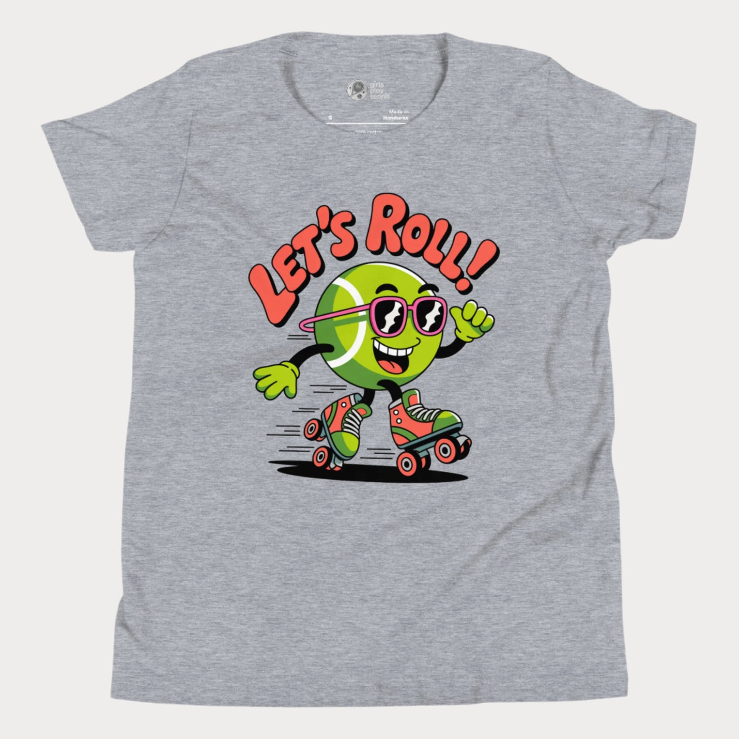Grey girls t-shirt featuring a cartoon tennis ball wearing sunglasses and roller skates with the phrase “Let’s Roll!”