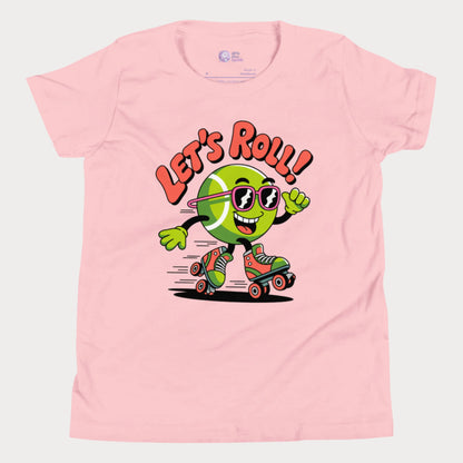 Pink girls t-shirt featuring a cartoon tennis ball wearing sunglasses and roller skates with the phrase “Let’s Roll!”
