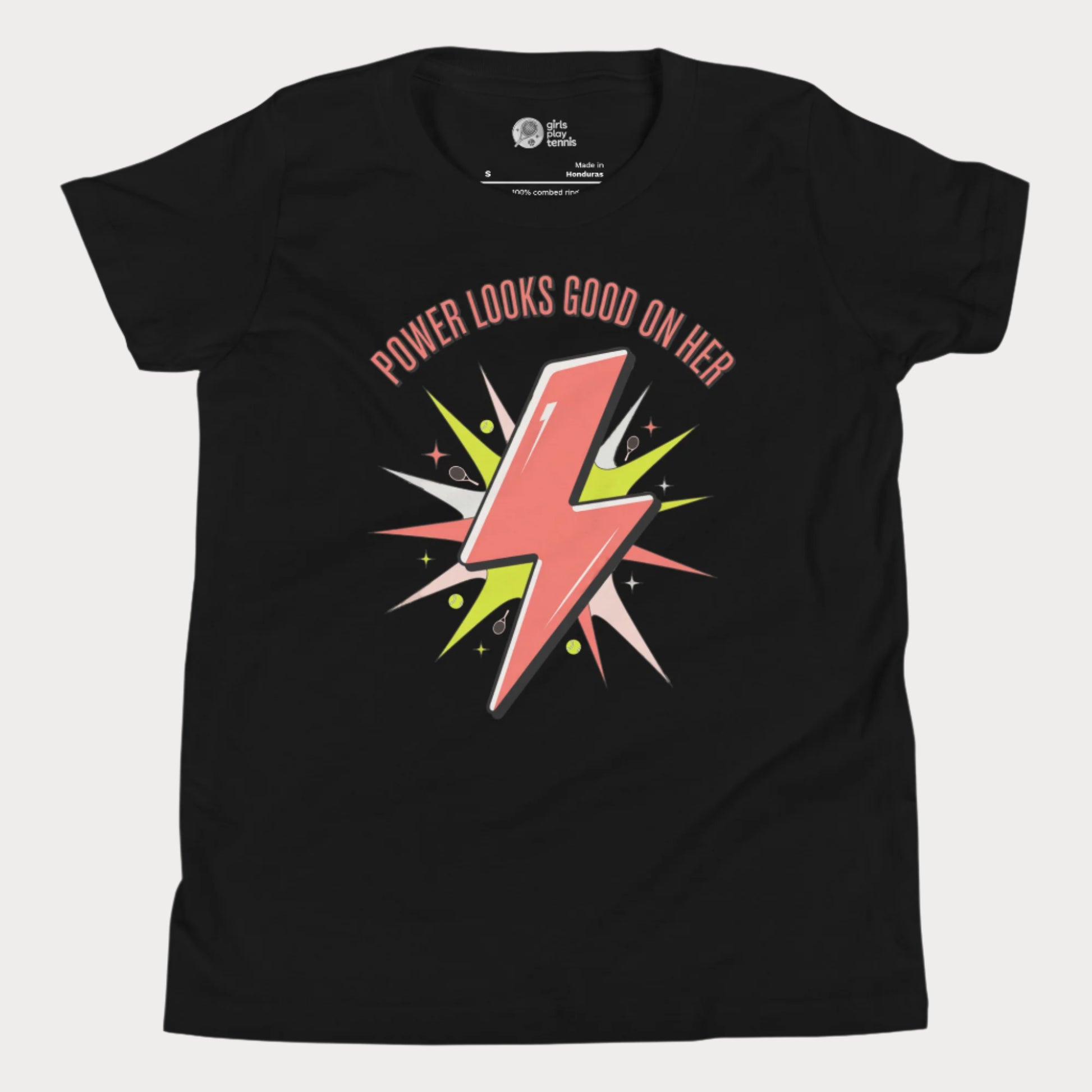 Girls tennis t-shirt with lightning bolt graphic and slogan “Power Looks Good On Her”