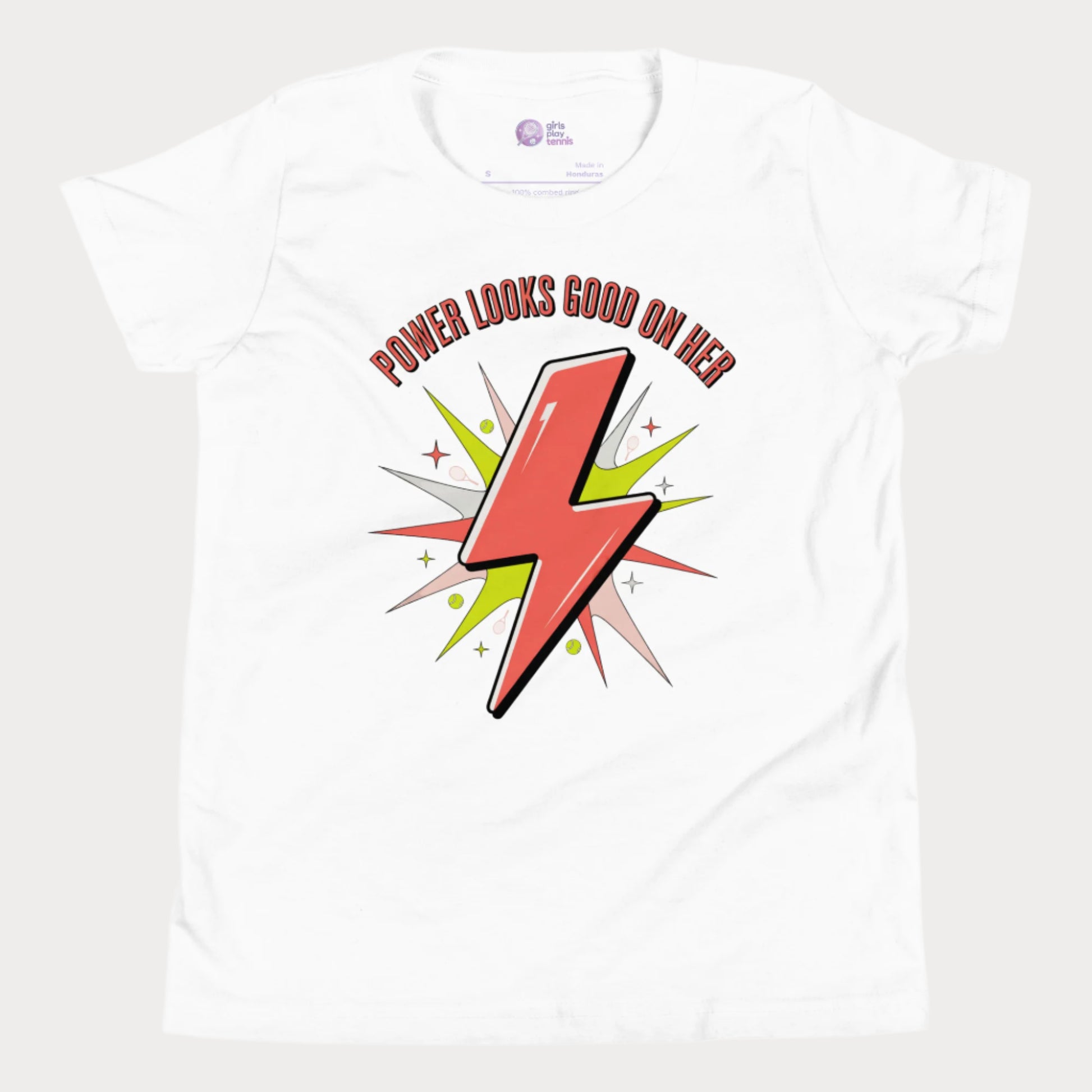 Girls tennis t-shirt with lightning bolt graphic and slogan “Power Looks Good On Her”