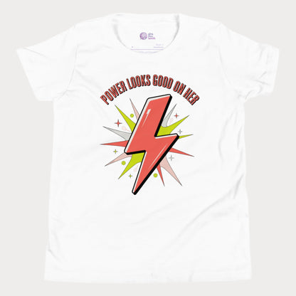 Girls tennis t-shirt with lightning bolt graphic and slogan “Power Looks Good On Her”