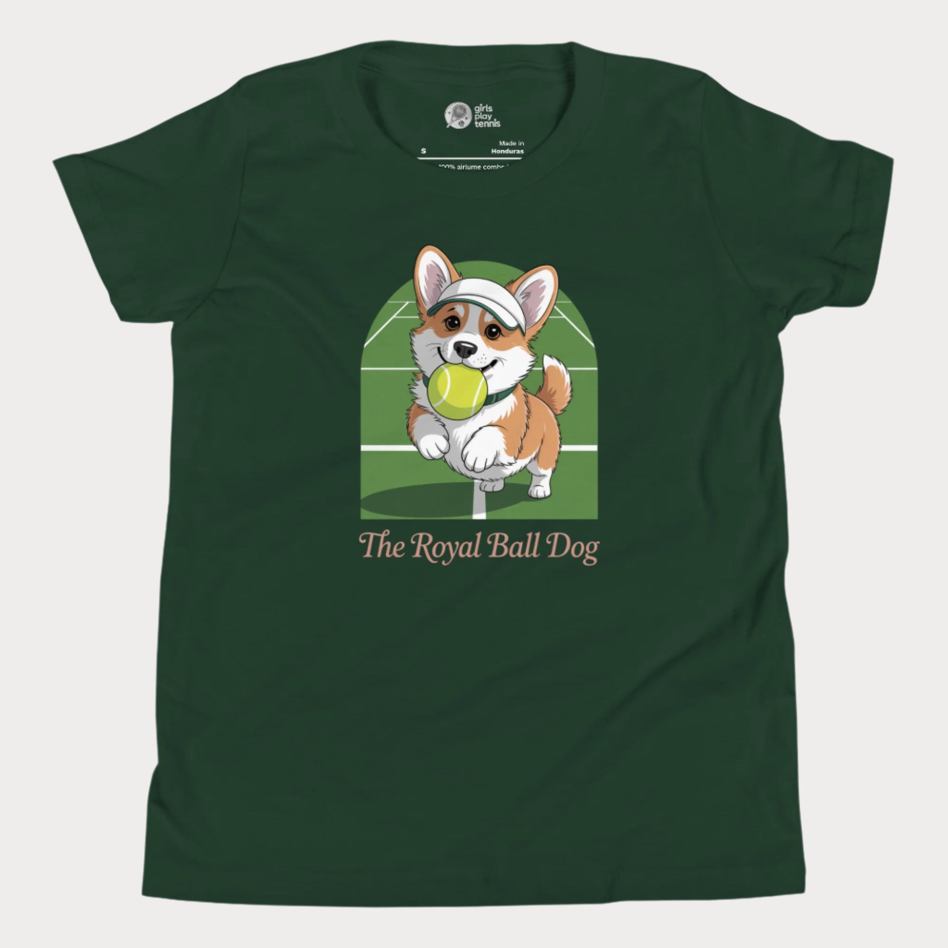 Cute girls' tennis t-shirt featuring a cartoon corgi with a tennis ball on a green grass court background, captioned "The Royal Ball Dog" 