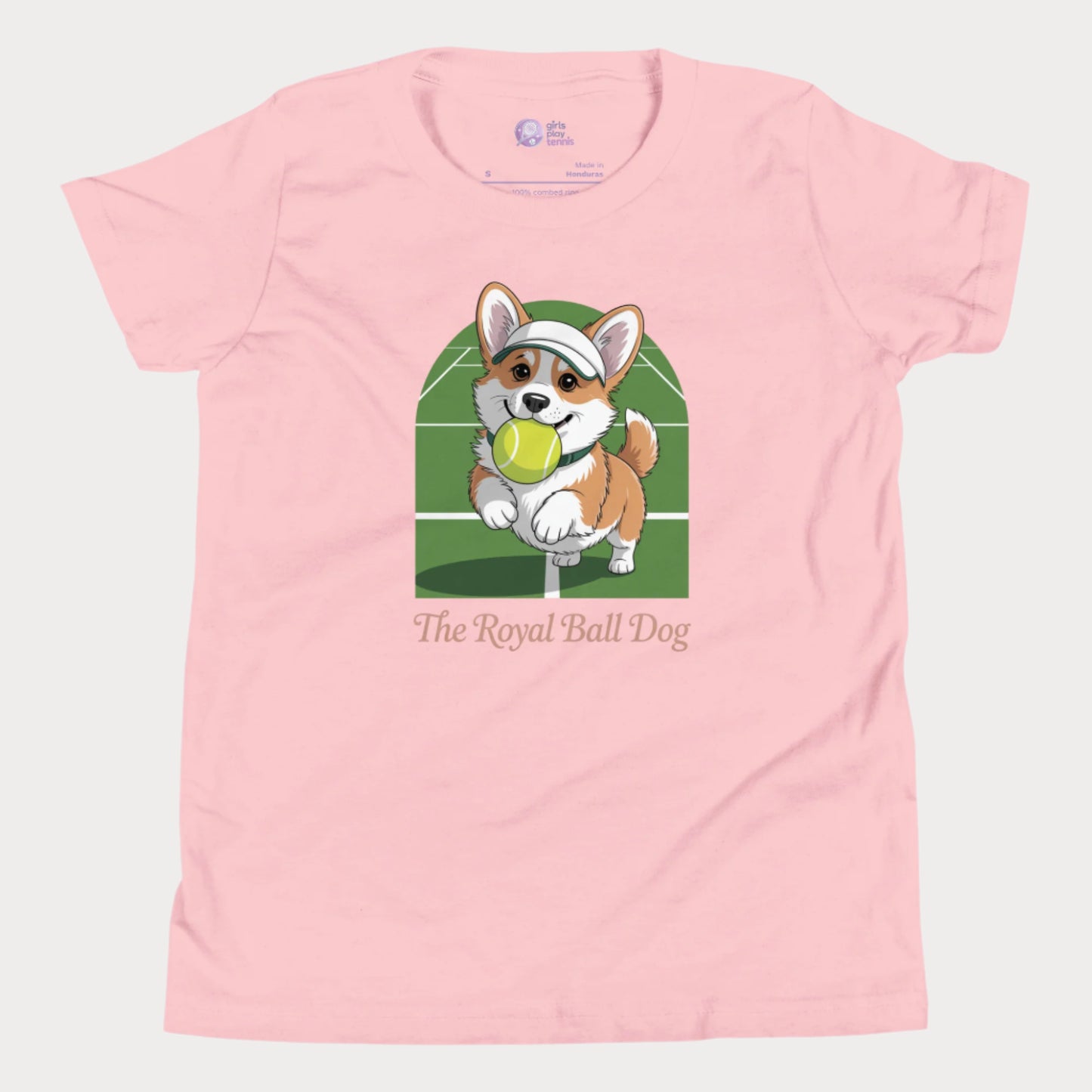 Cute girls' tennis t-shirt featuring a cartoon corgi with a tennis ball on a green grass court background, captioned "The Royal Ball Dog" 