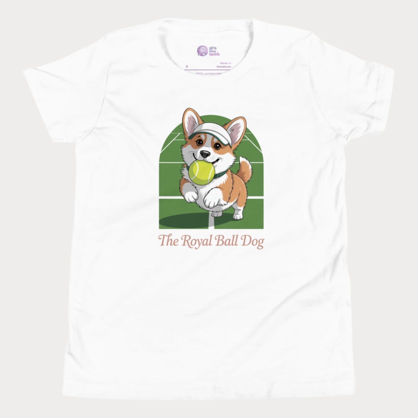 Cute girls' tennis t-shirt featuring a cartoon corgi with a tennis ball on a green grass court background, captioned "The Royal Ball Dog"
