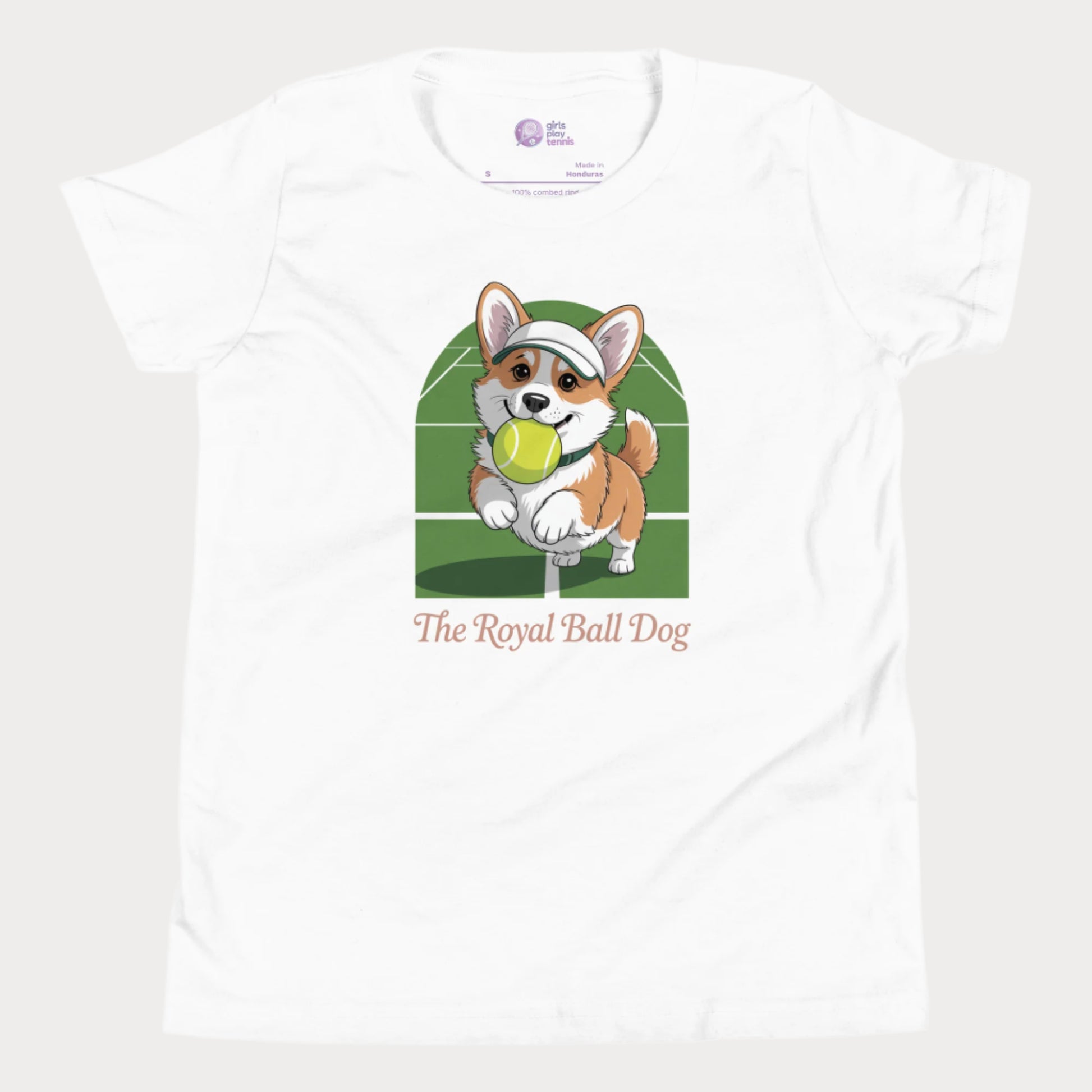 Cute girls' tennis t-shirt featuring a cartoon corgi with a tennis ball on a green grass court background, captioned "The Royal Ball Dog"