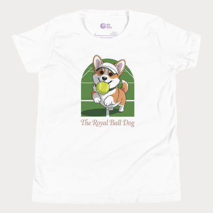 Cute girls' tennis t-shirt featuring a cartoon corgi with a tennis ball on a green grass court background, captioned "The Royal Ball Dog"