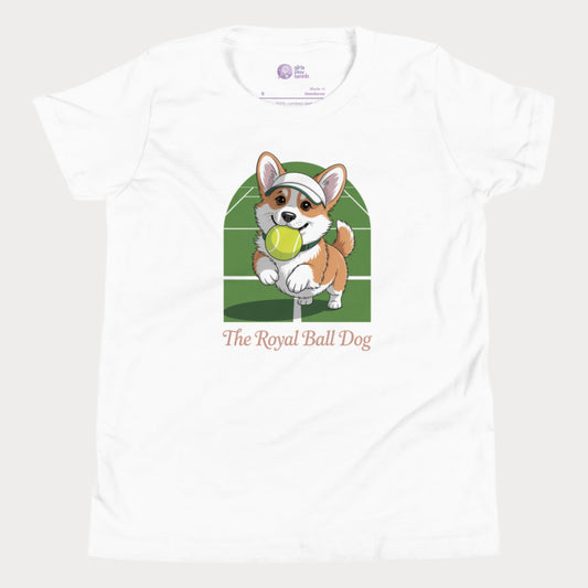 Cute girls' tennis t-shirt featuring a cartoon corgi with a tennis ball on a green grass court background, captioned "The Royal Ball Dog"