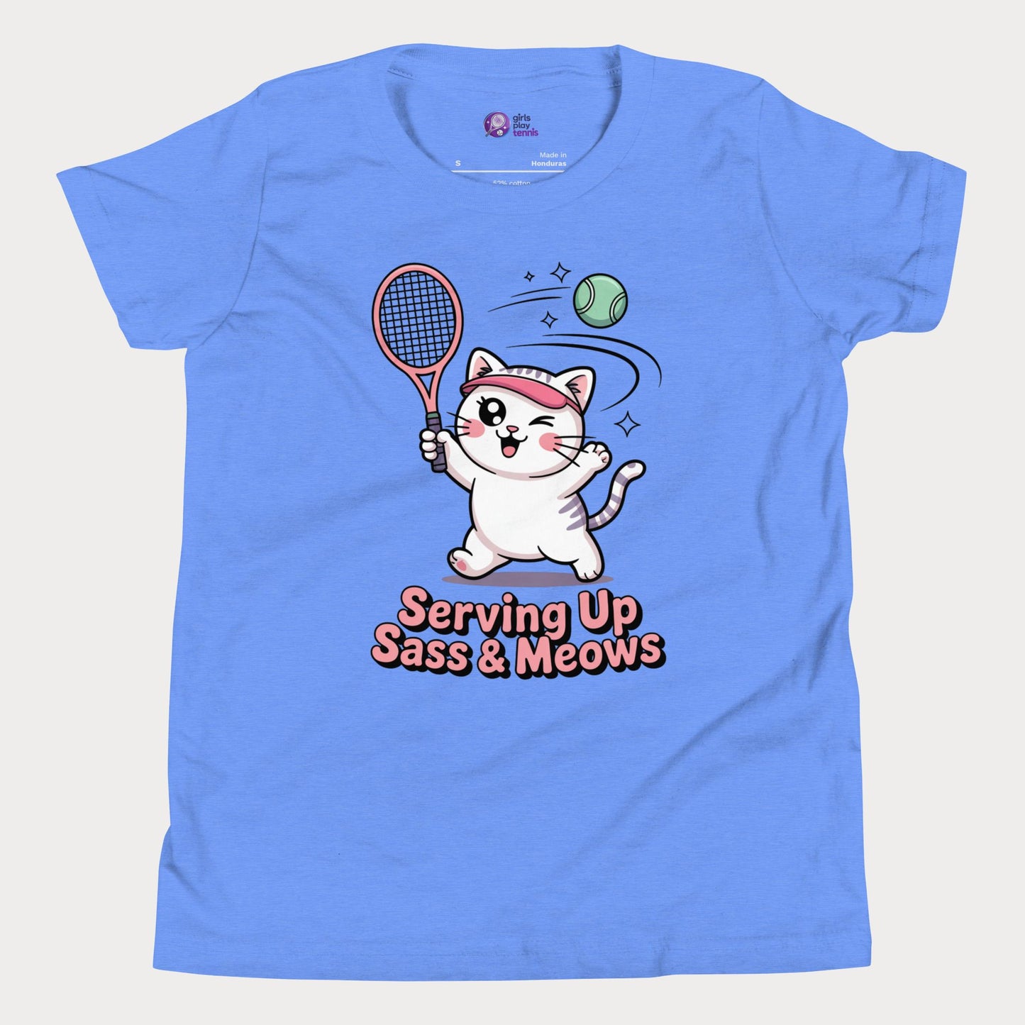 Blue t-shirt with a cat playing tennis graphic and text 'Serving Up Sass & Meows' on a light gray background.