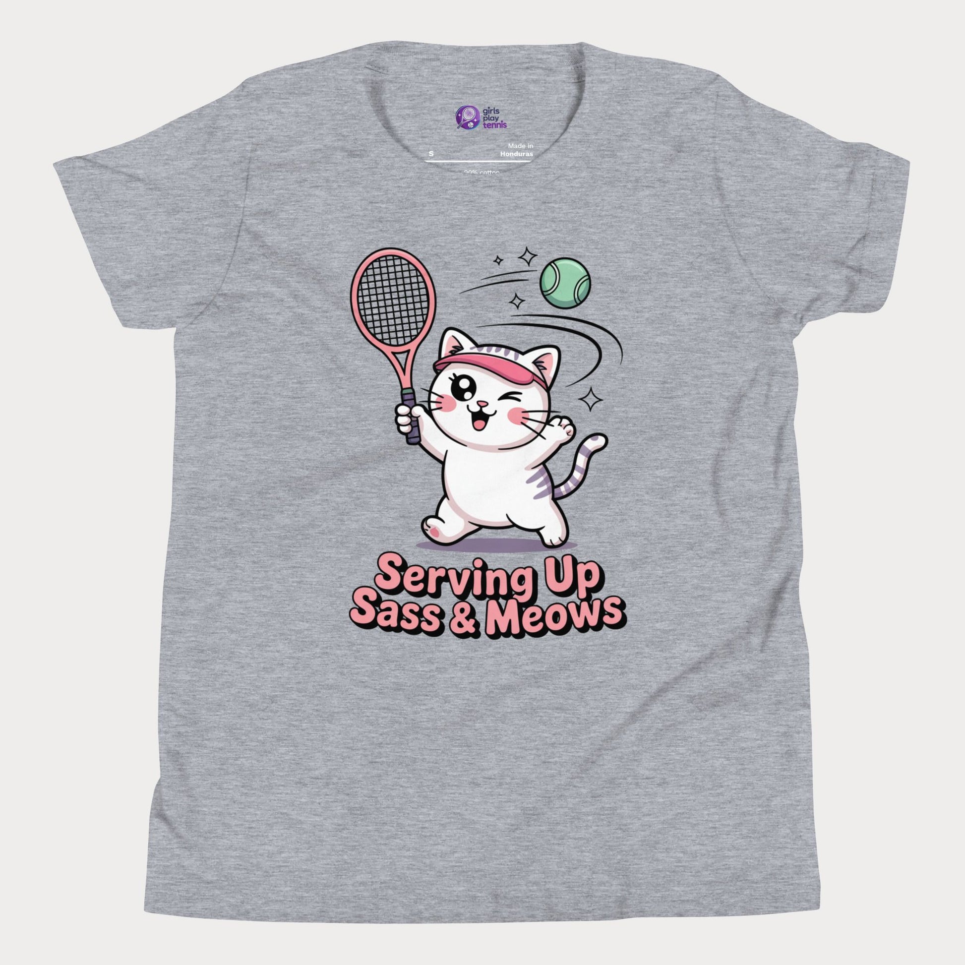 Gray t-shirt with a cat playing tennis graphic and text 'Serving Up Sass & Meows' on a white background
