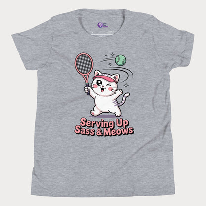 Gray t-shirt with a cat playing tennis graphic and text 'Serving Up Sass & Meows' on a white background