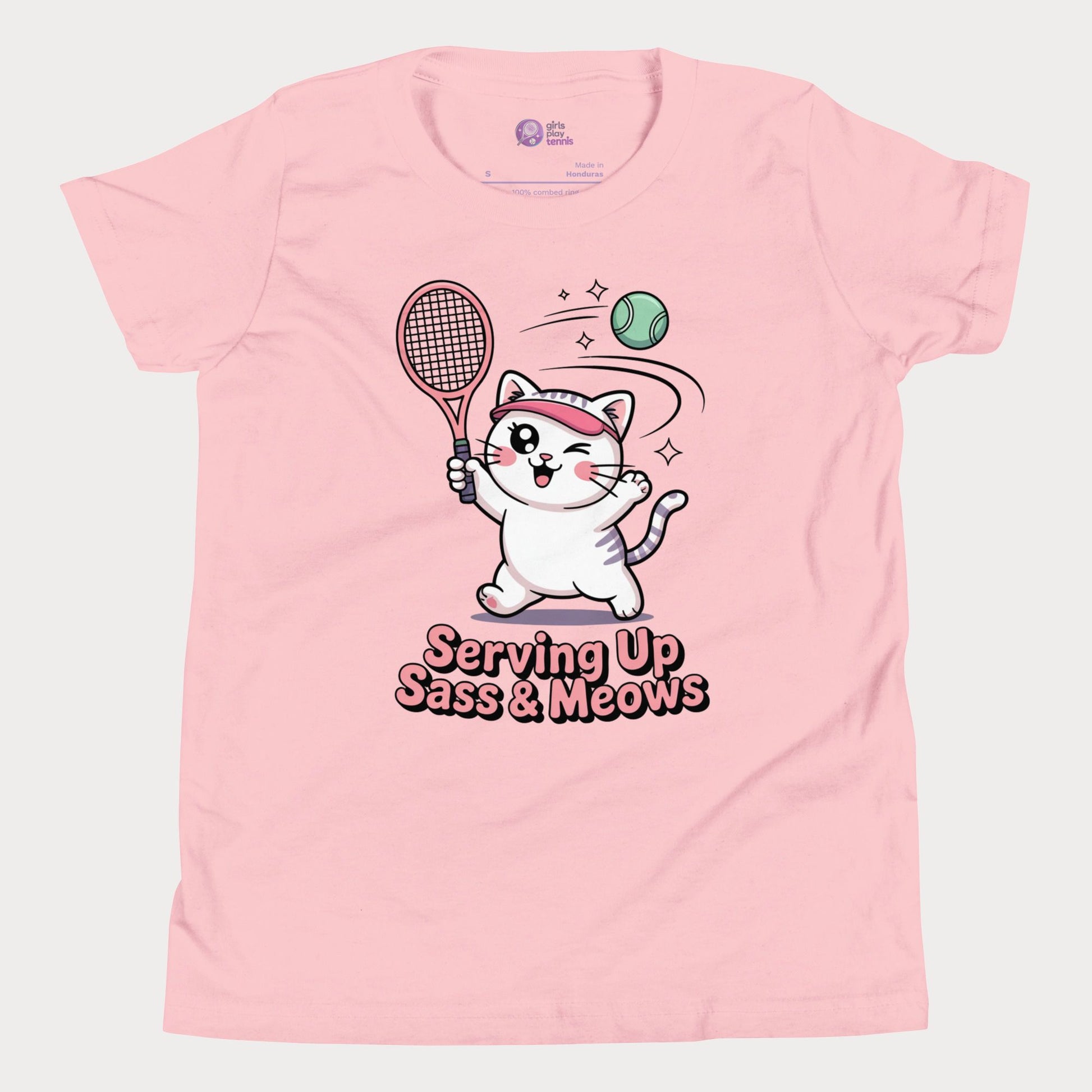 Pink t-shirt with a cat holding a tennis racket and ball graphic and text 'Serving Up Sass & Meows'.