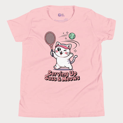 Pink t-shirt with a cat holding a tennis racket and ball graphic and text 'Serving Up Sass & Meows'.
