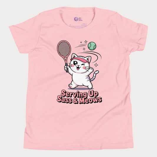 Pink t-shirt with a cat holding a tennis racket and ball graphic and text 'Serving Up Sass & Meows'.