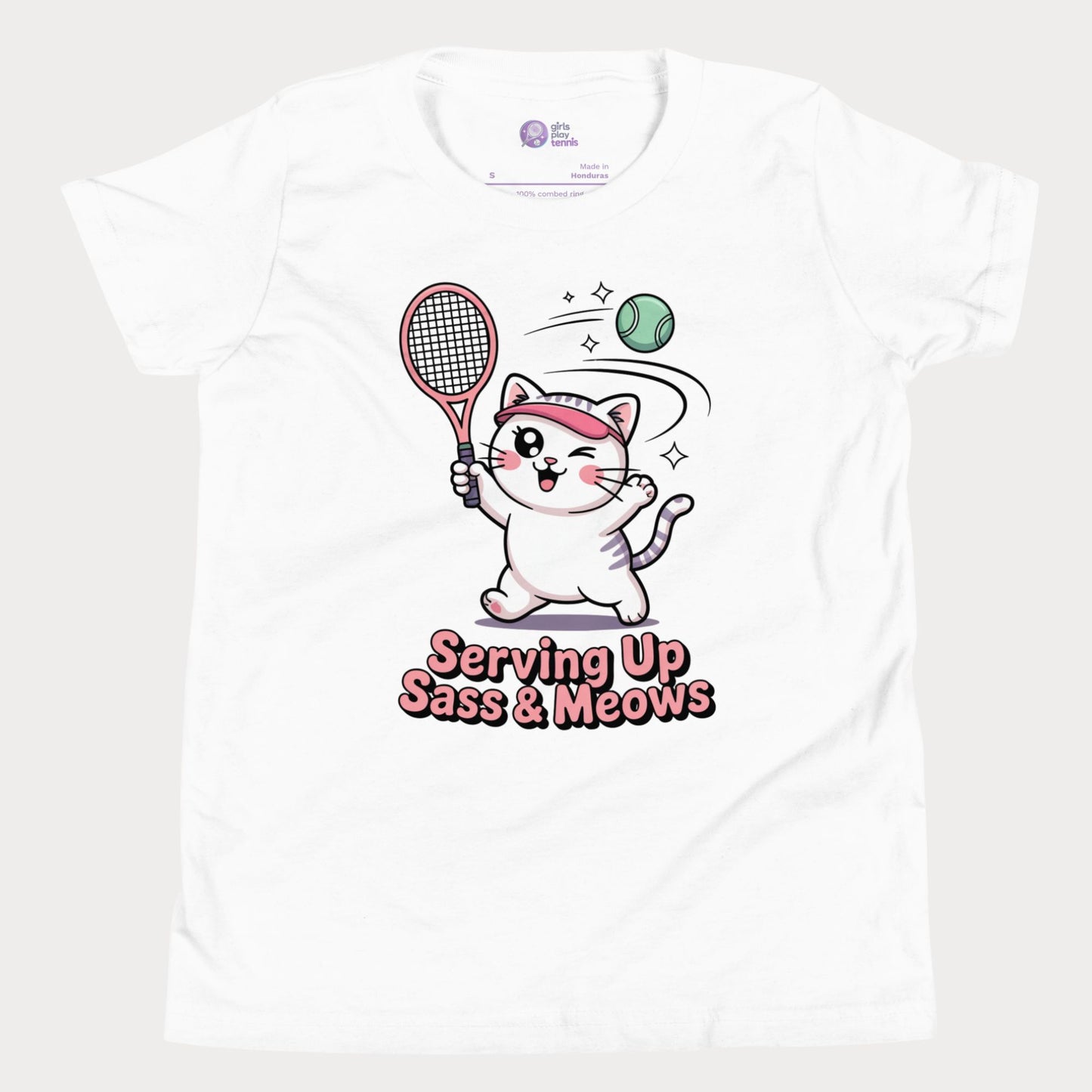 White t-shirt with a cat playing tennis graphic and text 'Serving Up Sass & Meows' on a white background.