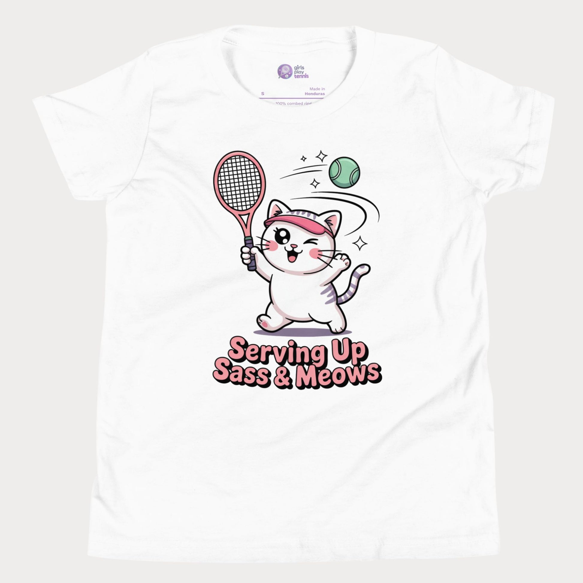 White t-shirt with a cat playing tennis graphic and text 'Serving Up Sass & Meows' on a white background.