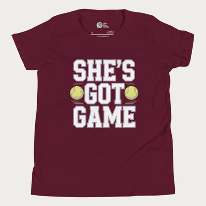 Youth tennis t-shirt with empowering slogan “She’s Got Game” and tennis ball accents
