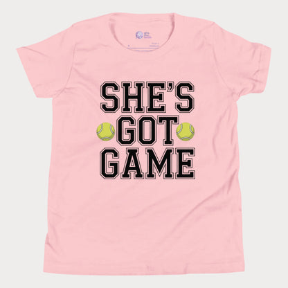 Youth tennis t-shirt with empowering slogan “She’s Got Game” and tennis ball accents.