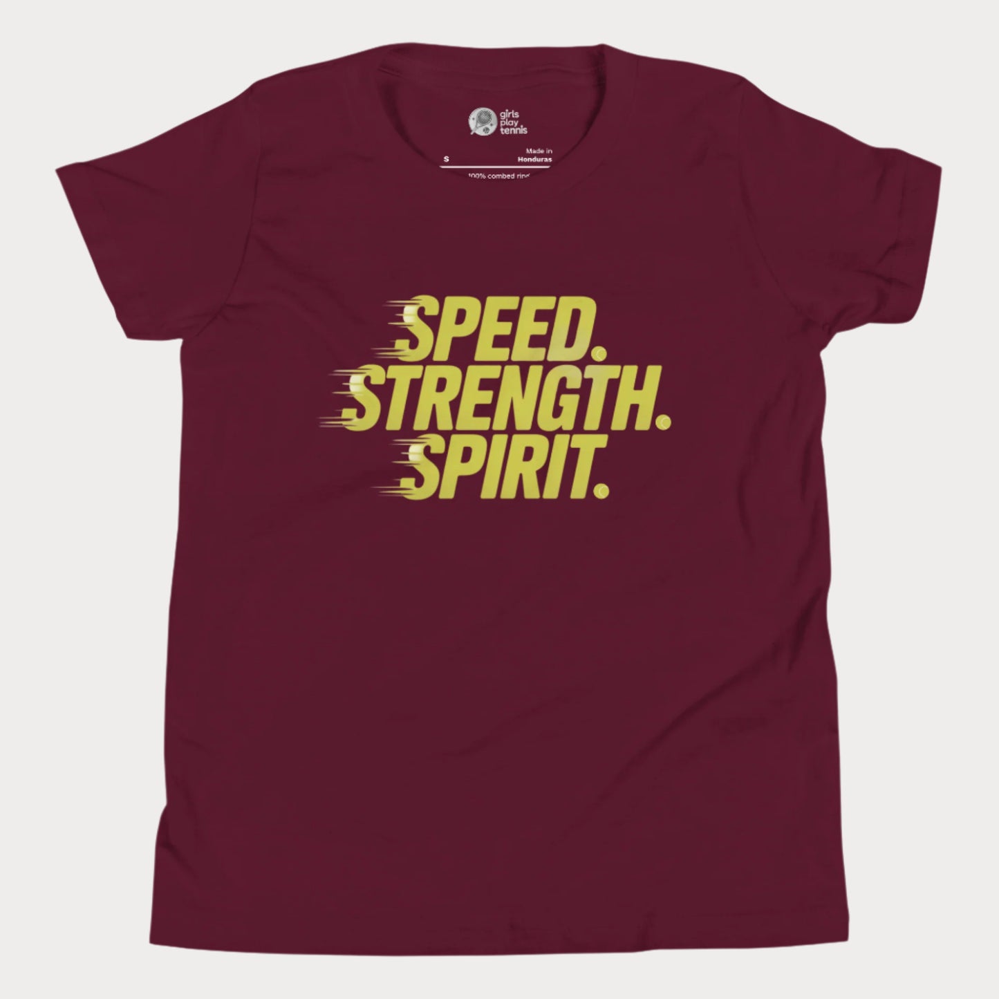 Girls tennis t-shirt with bold “Speed. Strength. Spirit.” slogan in yellow text.