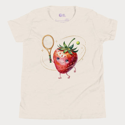 Strawberry-themed girls tennis t-shirt with sparkly fruit design.