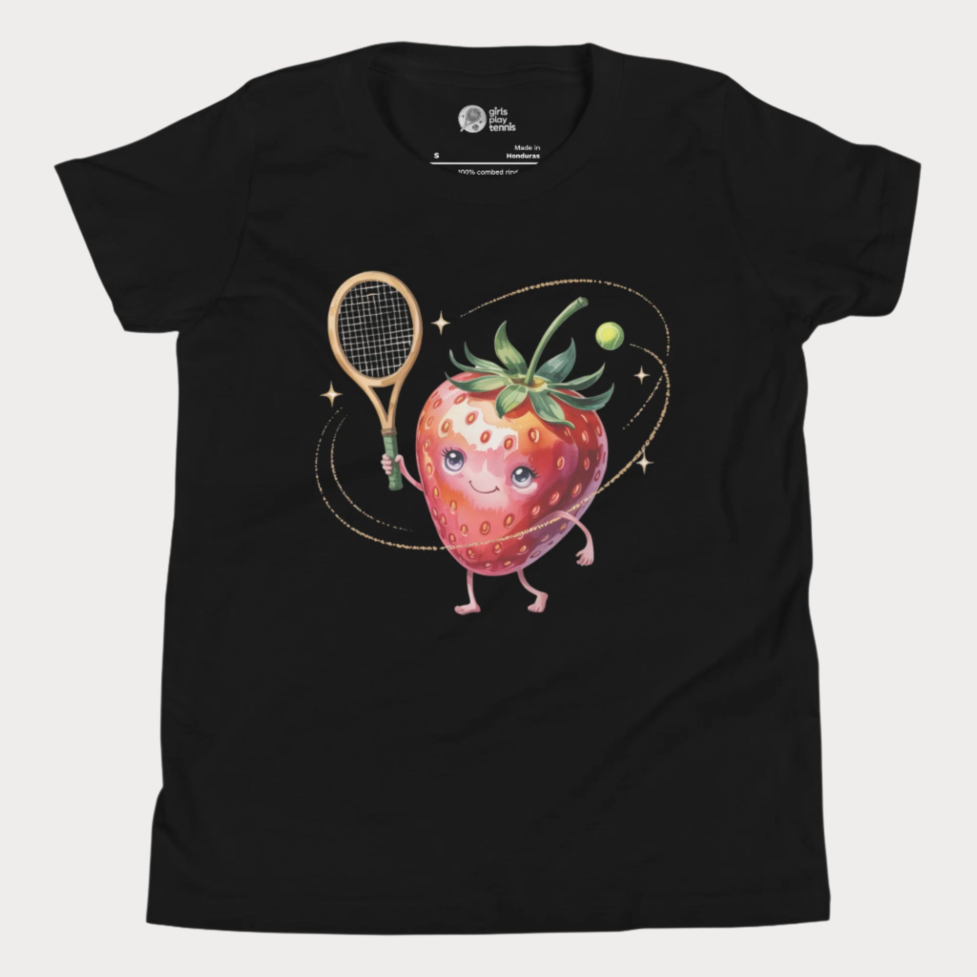Strawberry-themed girls tennis t-shirt with sparkly fruit design.