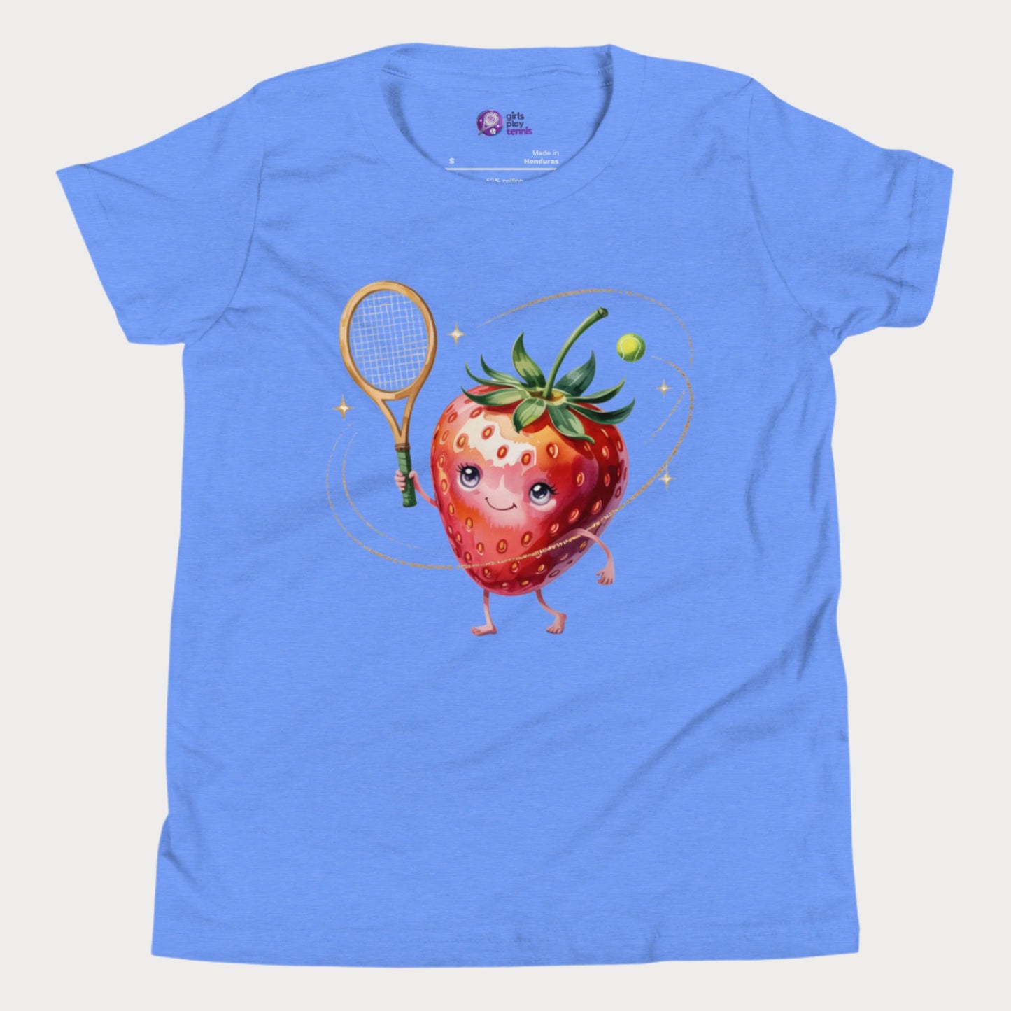 Strawberry-themed girls tennis t-shirt with sparkly fruit design.