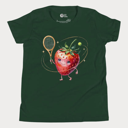 Strawberry-themed girls tennis t-shirt with sparkly fruit design