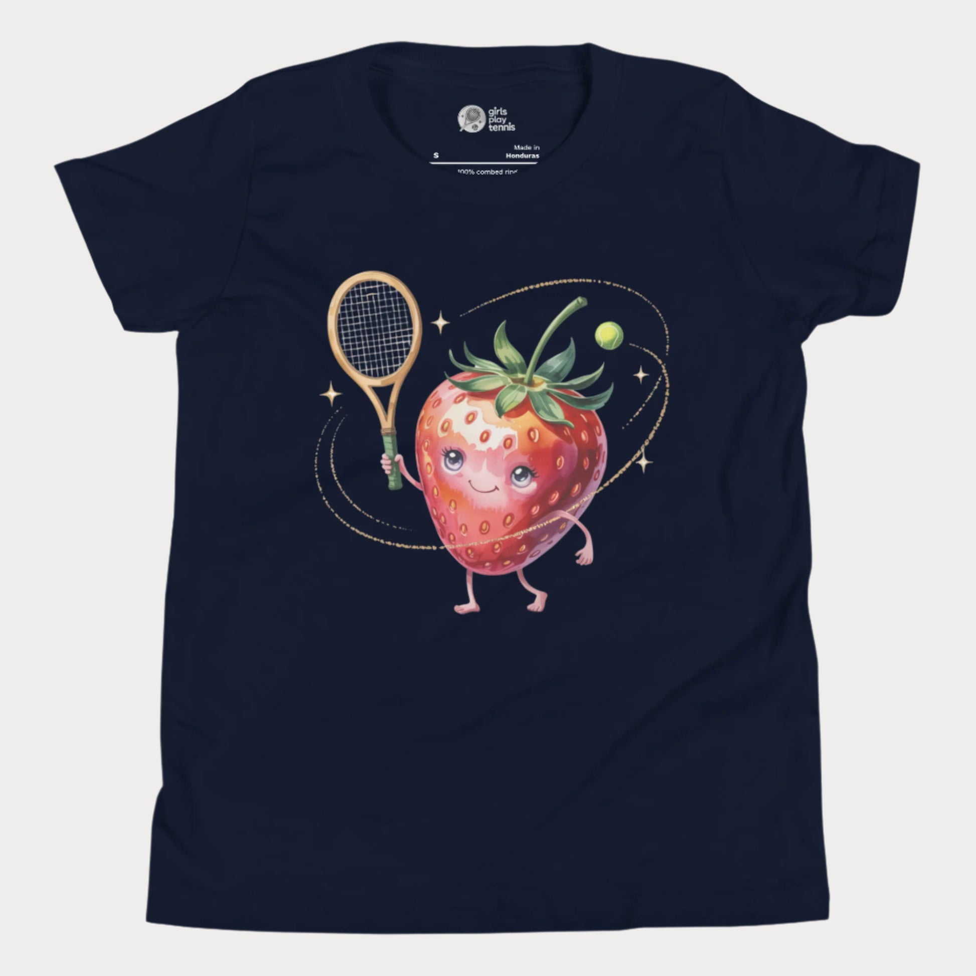 Strawberry-themed girls tennis t-shirt with sparkly fruit design.