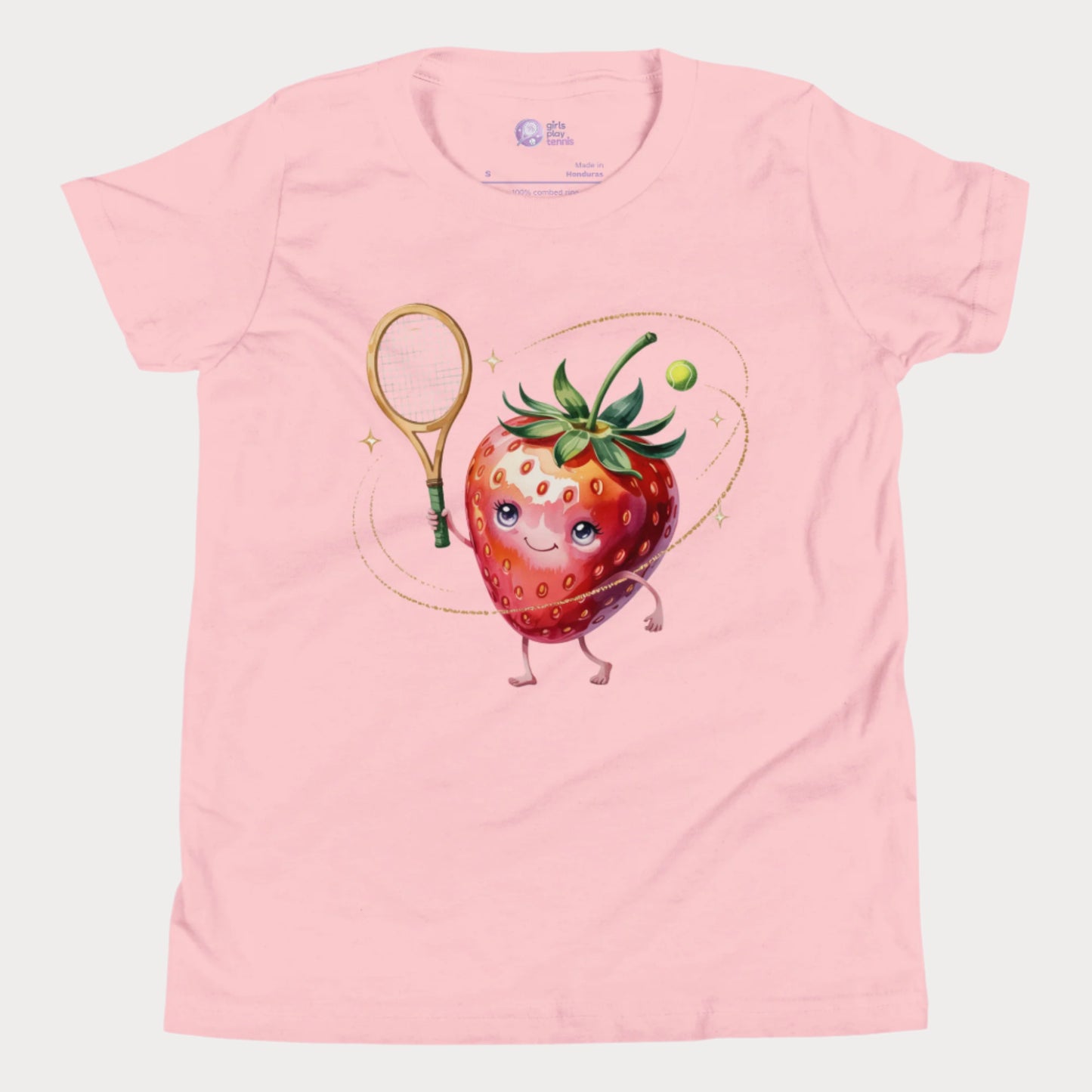 Strawberry-themed girls tennis t-shirt with sparkly fruit design.