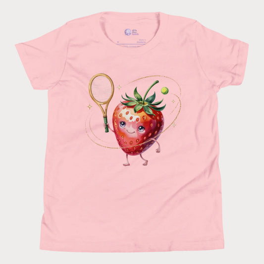 Strawberry-themed girls tennis t-shirt with sparkly fruit design.