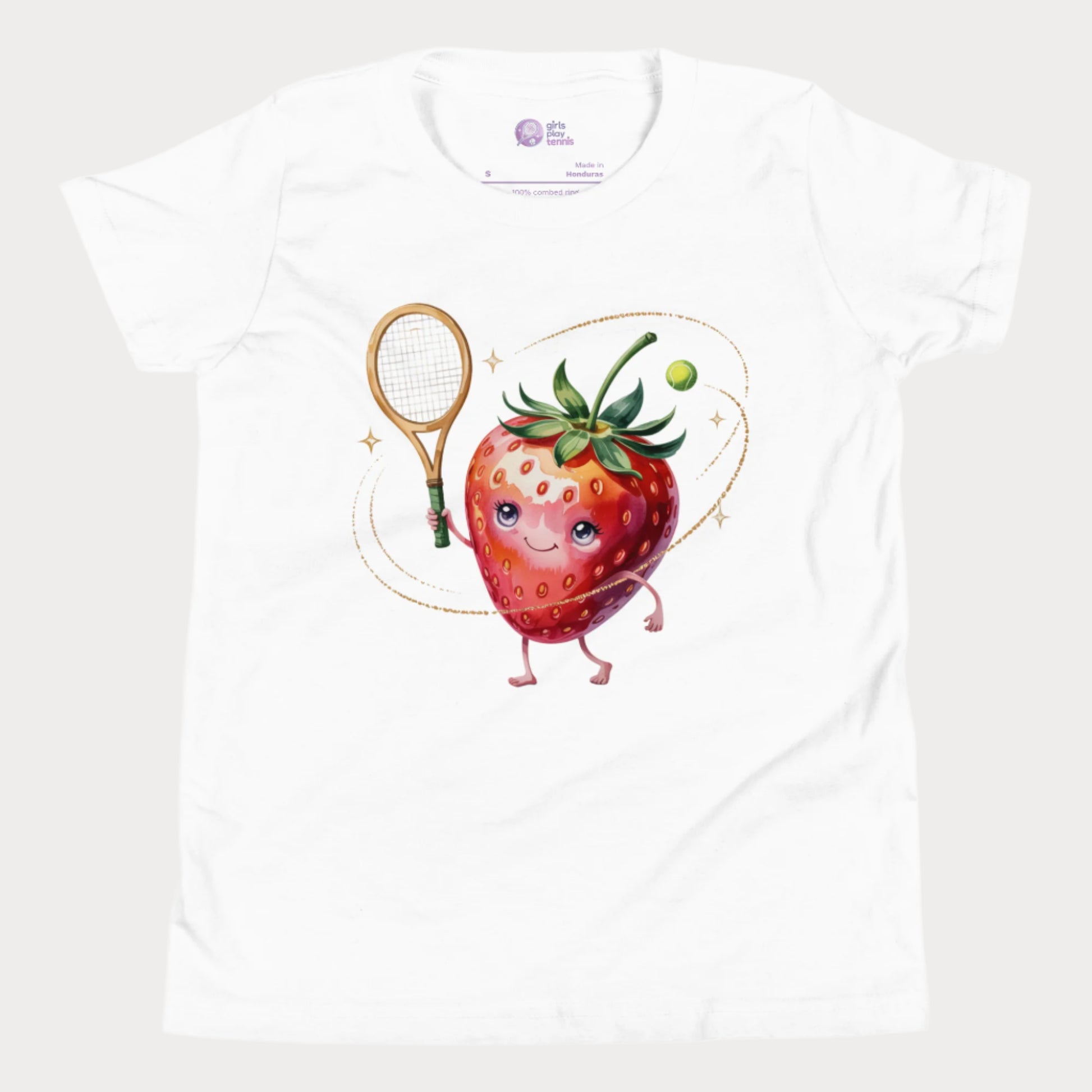Strawberry-themed girls tennis t-shirt with sparkly fruit design.