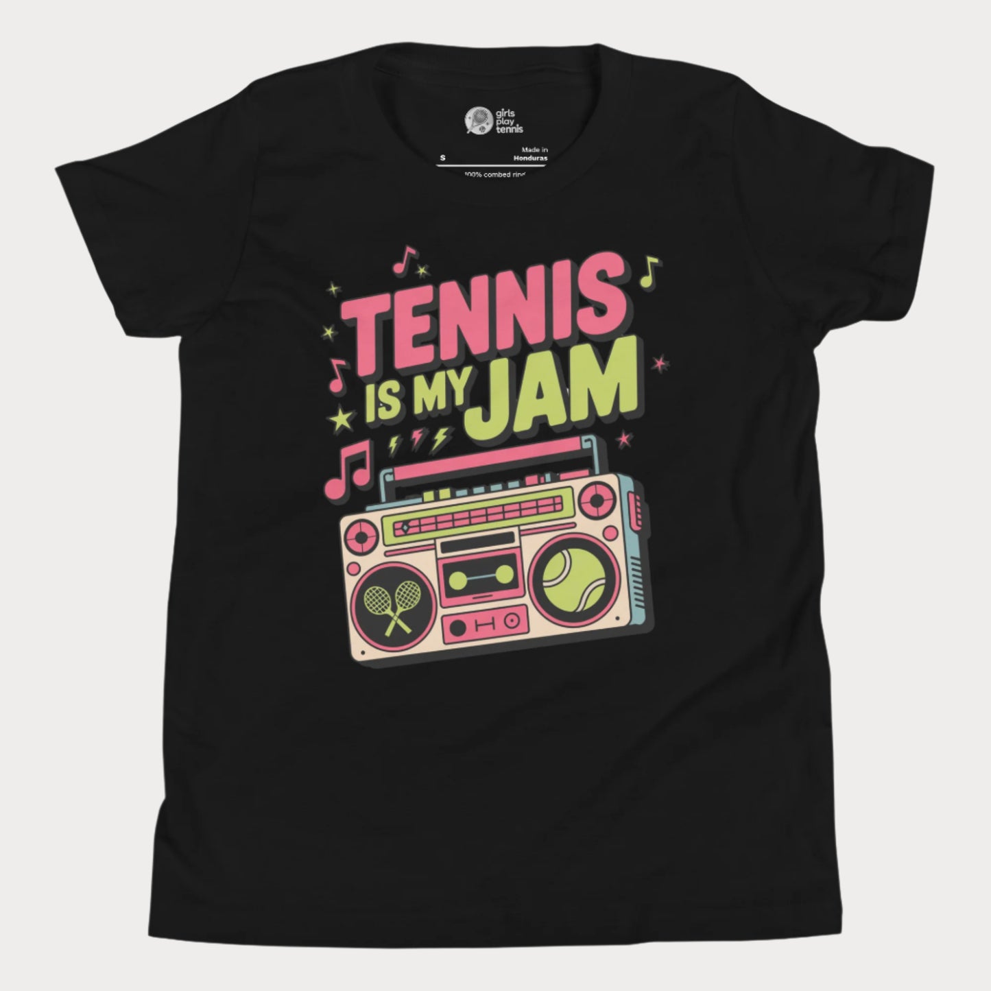 Girls tennis t-shirt with retro boombox and “Tennis Is My Jam” slogan on black tee.